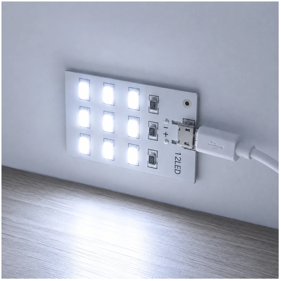 LED plokštė 5730 SMD Micro USB 12 diodų 5V šaltai balta šviesa