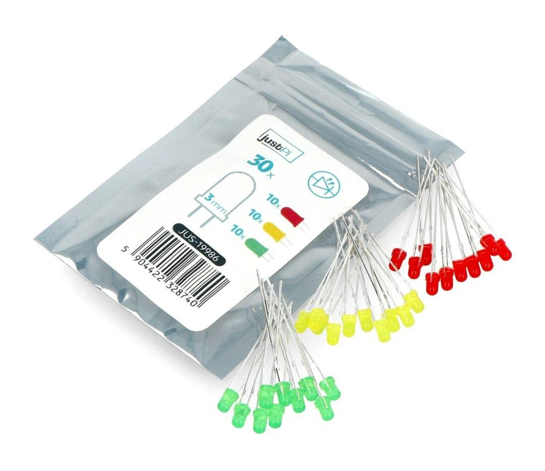 JustPi 3 mm LED diodai: 30 vnt. spalvotas rinkinys