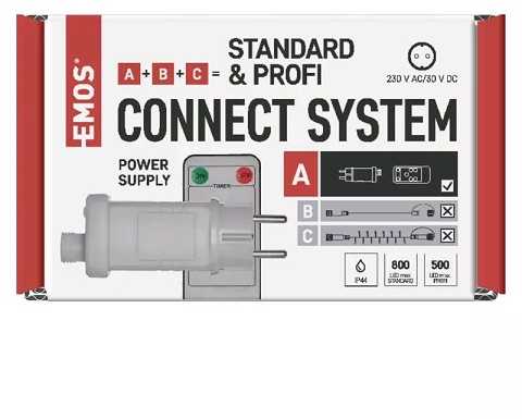LED šviesos girliandų EMOS CONNECTING matinimo šaltinis, 30Vdc, 12W, su pulteliu, IP44, EMOS