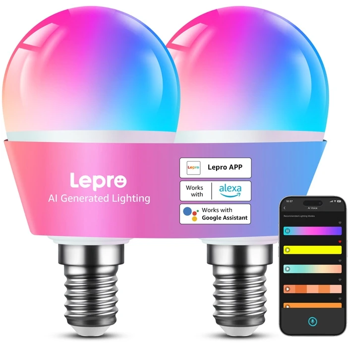 LEPRO BP1-2 E14 LED lemputė su „Bluetooth“ ir „Wi-Fi“, 470 lm, 2 vnt. pakuotėje