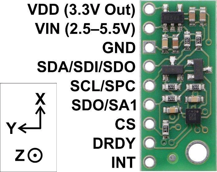 LIS3MDL magnetometro modulis su kontaktų išdėstymu