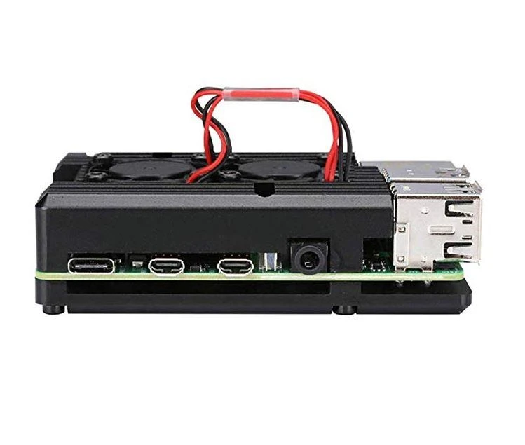 Raspberry Pi 4B juodas dėklas su dviem ventiliatoriais
