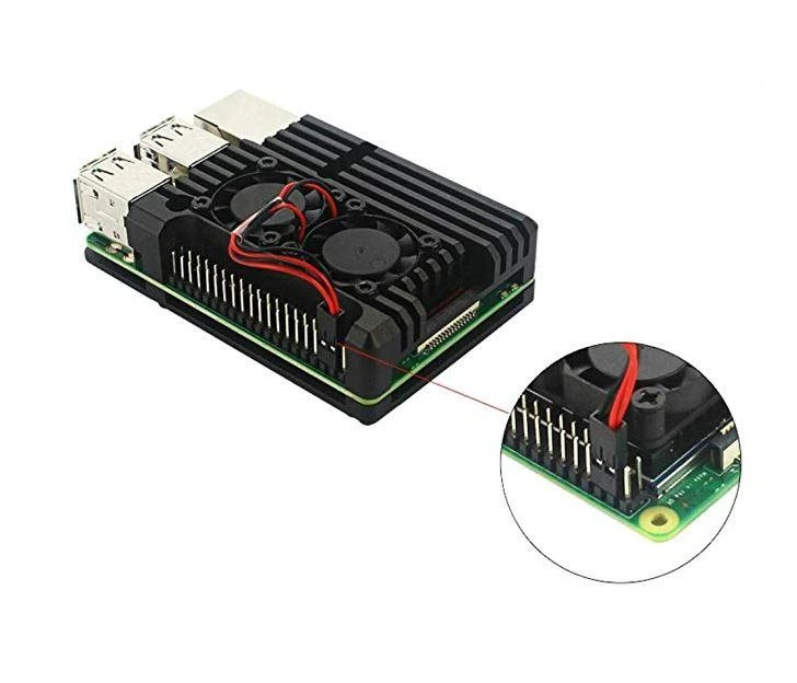 Raspberry Pi 4B juodas dėklas su dviem ventiliatoriais