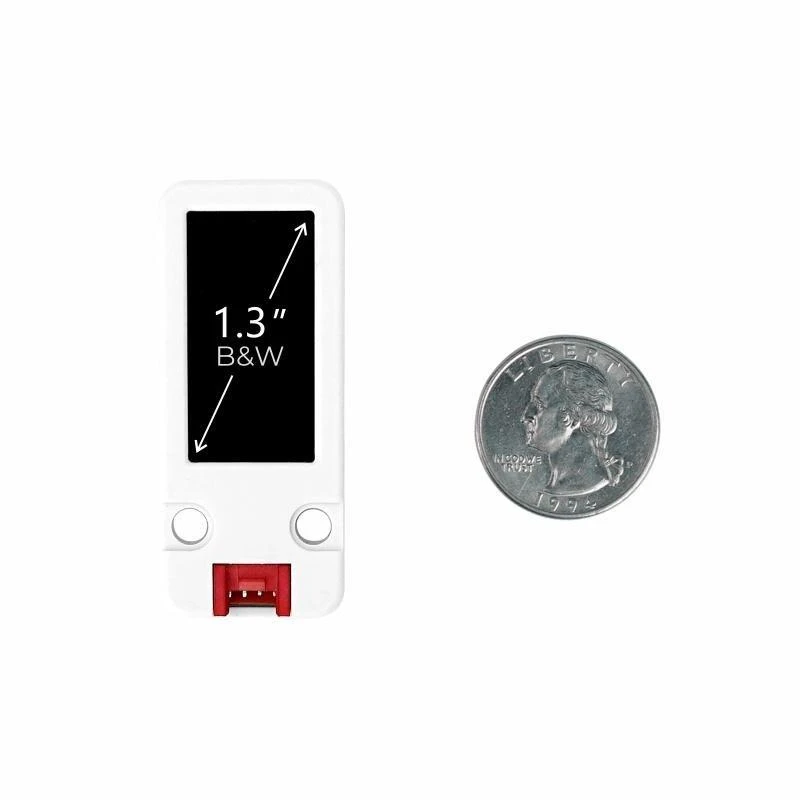 M5Stack OLED modulis su dydžio palyginimo moneta