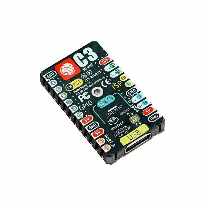 M5Stamp C3 mikrovaldiklio modulis su GPIO žymėjimu