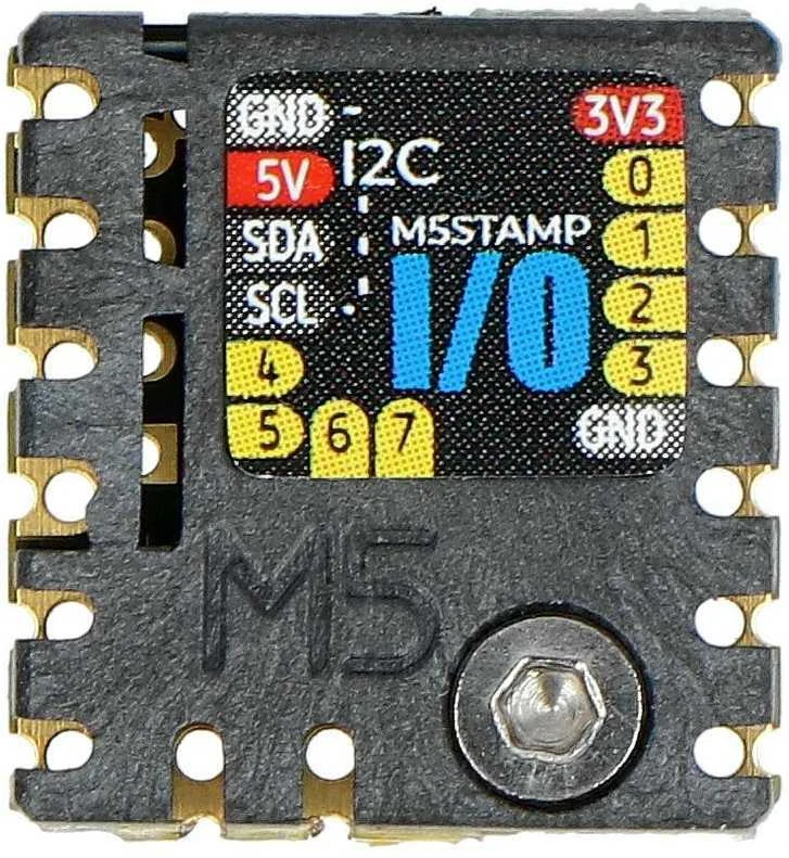 M5Stamp I/O modulis – viršutinė pusė su kontaktų žymėjimu