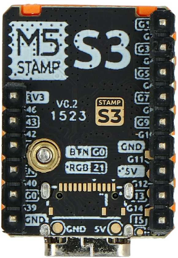 M5Stamp S3 mikroschemos viršus su PIN jungtimis