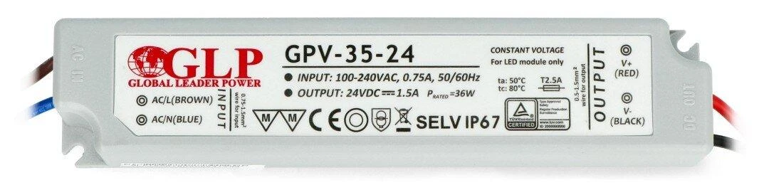 36W LED Maitinimo šaltinis GLP 24V IP67