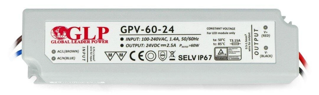 60W LED Maitinimo šaltinis GLP 24V IP67