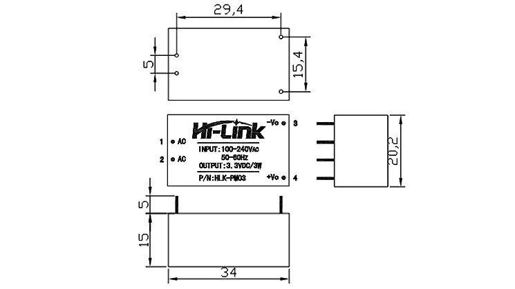 Hi-Link HLK-PM03 techninis brėžinys su išmatavimais