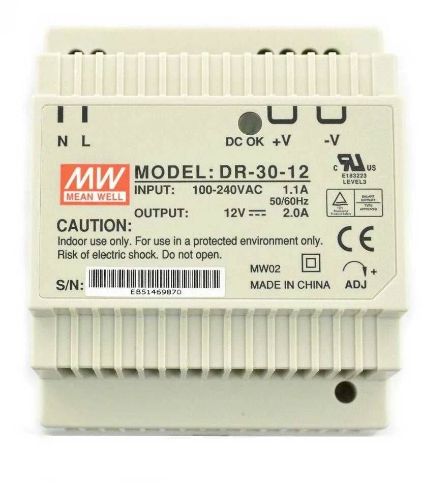 Mean Well DR-30-12 maitinimo blokas su technine informacija