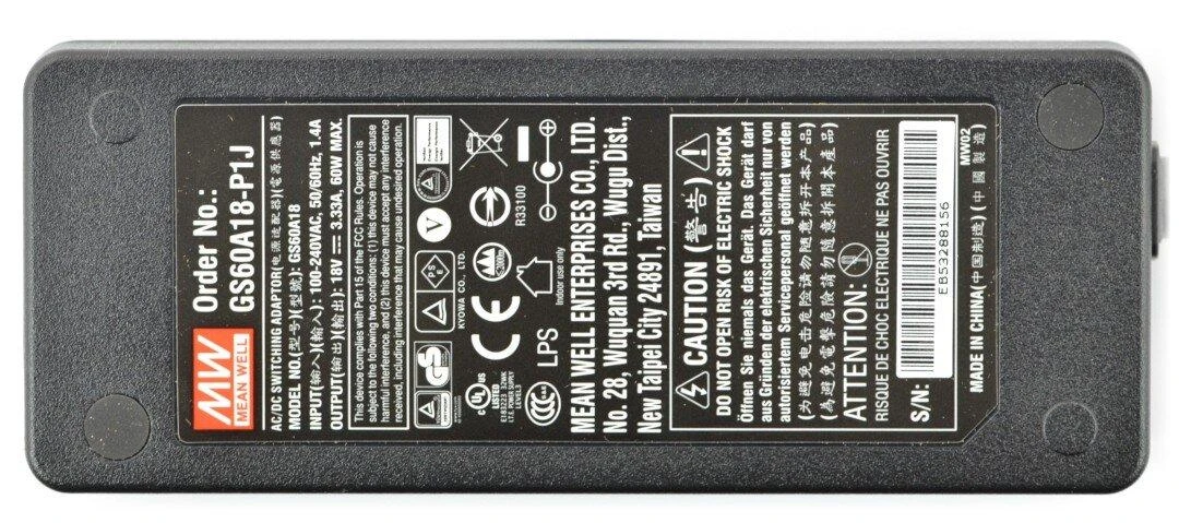 Mean Well GS60A18-P1J adapterio techninių duomenų etiketė