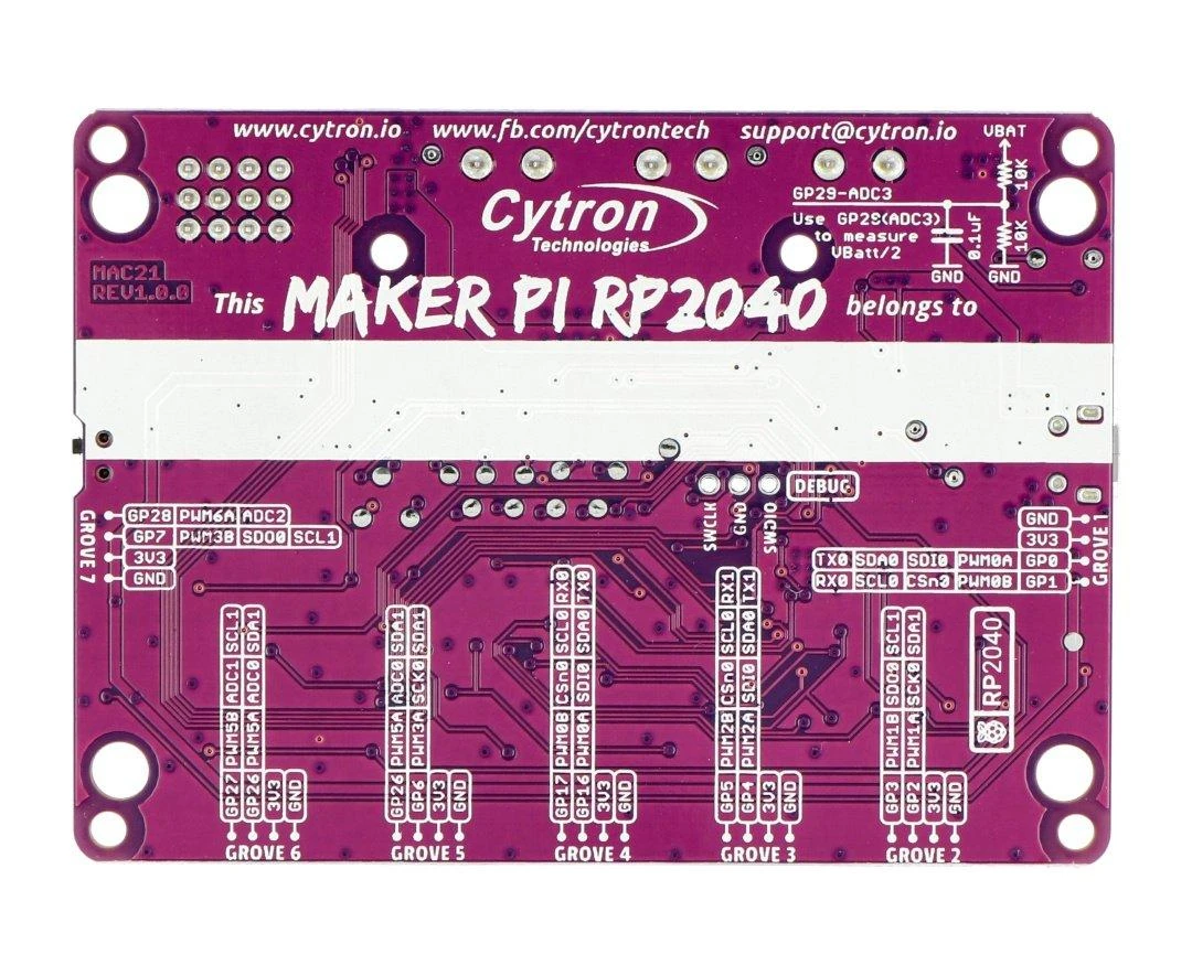 Maker Pi RP2040 apatinė pusė su Grove lizdų žymėjimu
