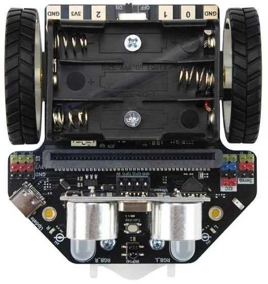 Maqueen Lite V5 su baterijų skyriumi ir jutikliais