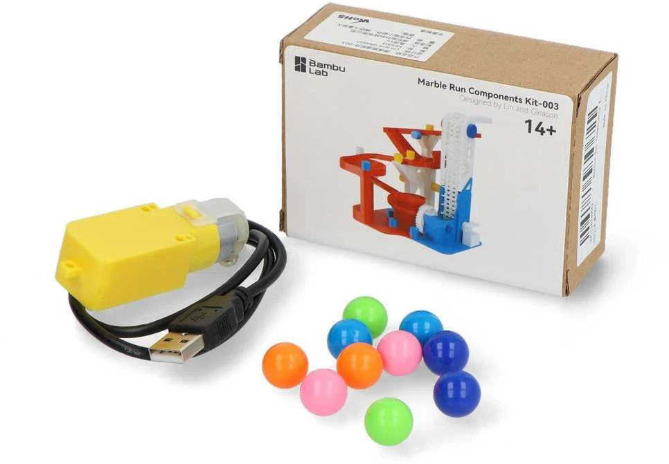 Bambu Lab Marble Run 003 variklis, dėžutė ir kamuoliukai