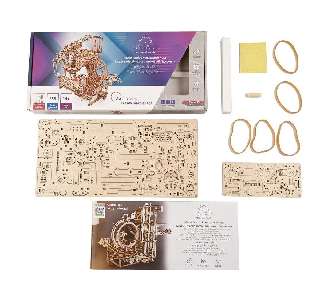 Marble Run – pakopinis keltuvas – mechaninis sulankstomas modelis – fanera – 355 elementai – Ugearsmodels