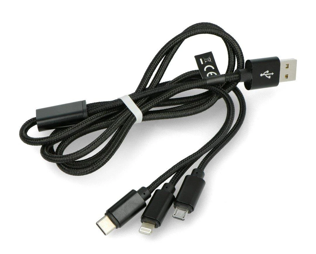 Maxlife Nylon 3in1 USB laidas A tipas - microUSB + Lightning + USB tipas C - juodas - 1m