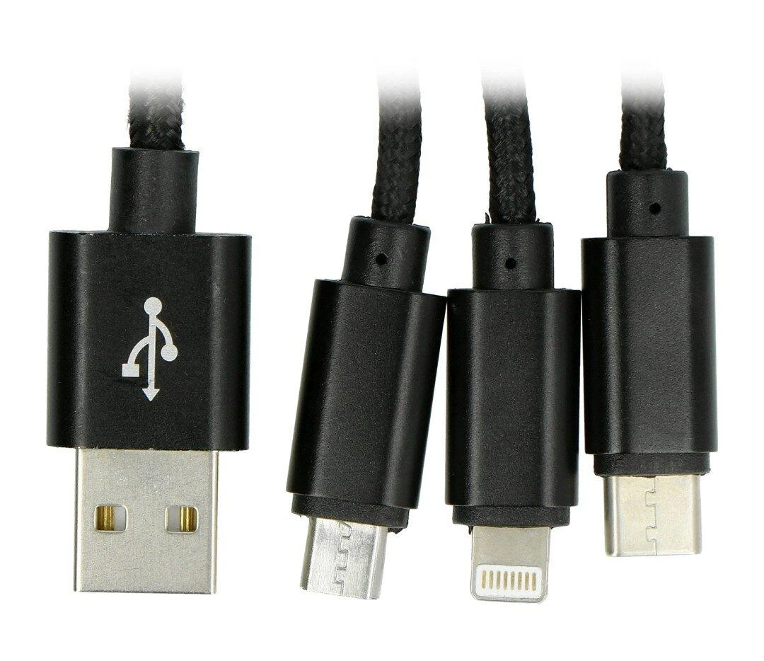 Maxlife Nylon 3in1 USB laidas A tipas - microUSB + Lightning + USB tipas C - juodas - 1m
