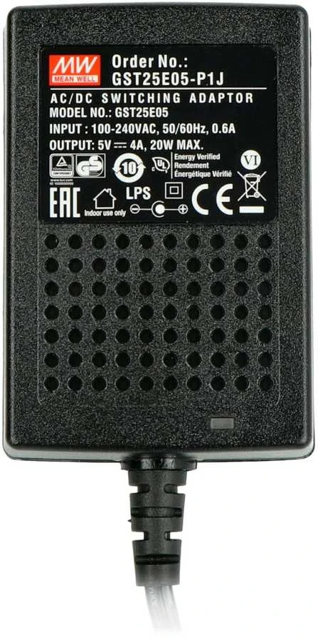Mean Well GST25E05-P1J maitinimo šaltinis 5V DC/4A - kištukas 5.5/2.1mm