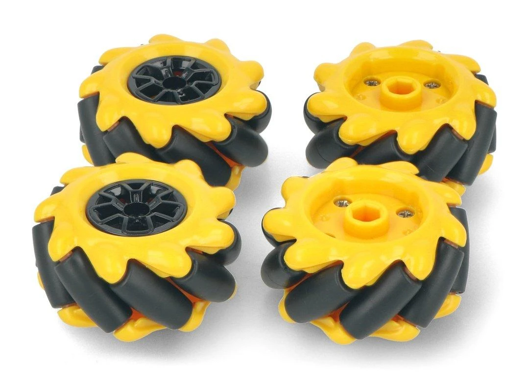 Mecanum ratų rinkinys, 48mm, x4, juodas/geltonas su volais, DFRobot FIT0662-1