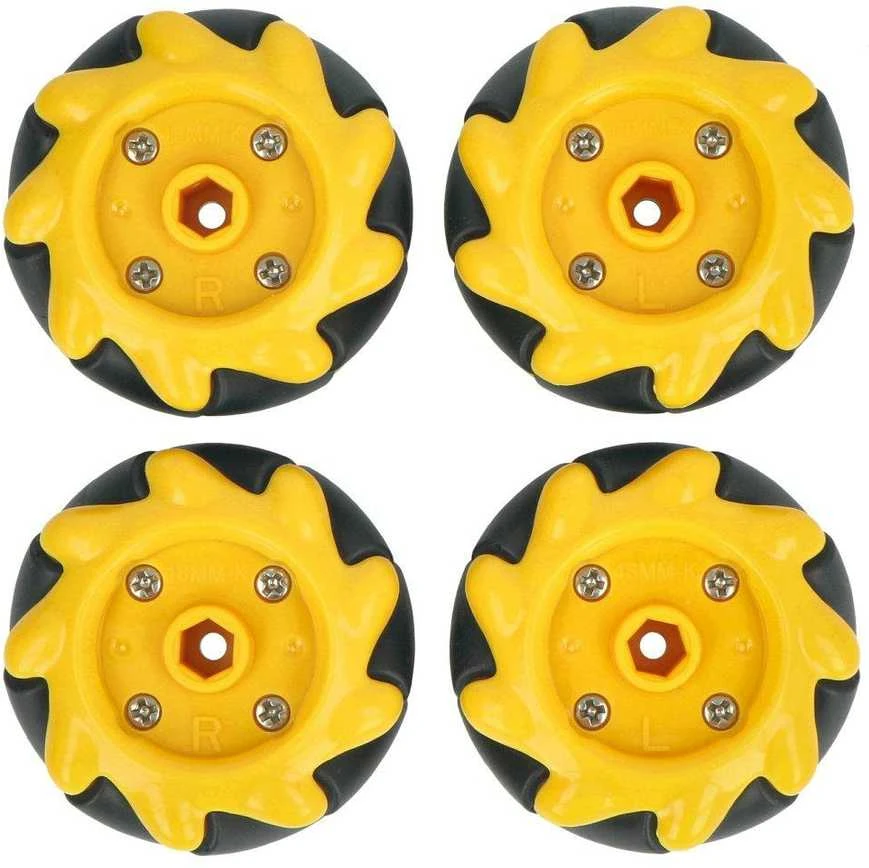 Mecanum ratų rinkinys, 48mm, x4, juodas/geltonas su volais, DFRobot FIT0662-1