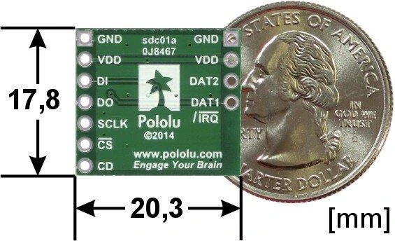 Pololu MicroSD skaitytuvo modulis – dydžio palyginimas
