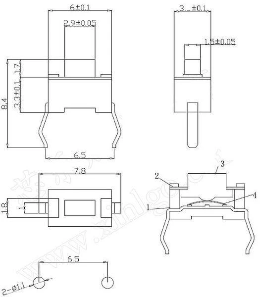 Mikrojungiklio TACT 3x6x5mm techninė schema