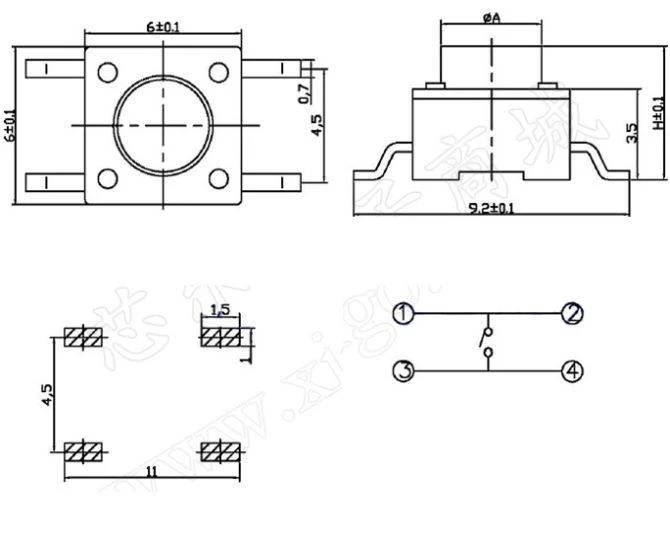 Mikro jungiklio 6x6x5mm techninis brėžinys