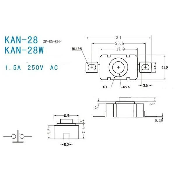 KAN-28 mikrojungiklis - techninė schema ir matmenys