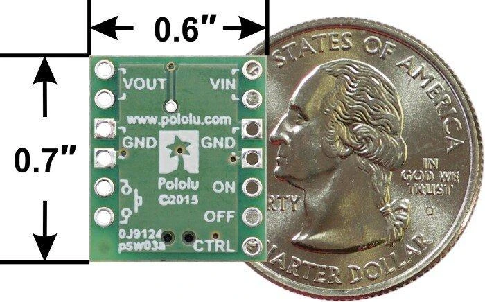 Mini MOSFET jungiklio dydžio palyginimas su moneta