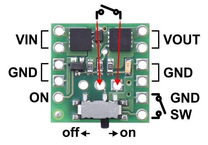 Mini jungiklis Slide MOSFET LV 2-20V/6A, su apsauga prieš atvirkštinę srovę, Pololu 2810