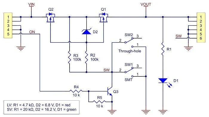 Mini jungiklis Slide MOSFET SV 4.5-40V/4A, su apsauga prieš atvirkštinę srovę, Pololu 2811