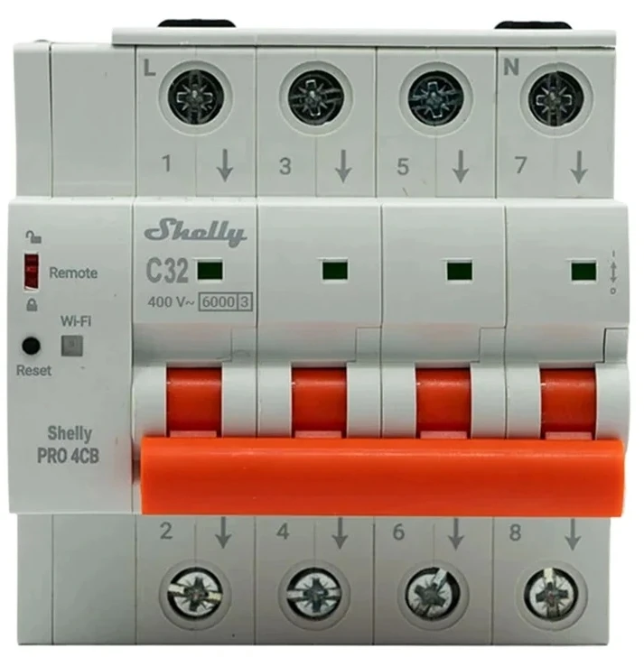 Grandinės pertraukiklis - Shelly Pro 4CB C32 32 A 3P+N, C tipo, 6 kA
