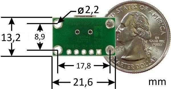 Pololu MiniUSB adapteris su techniniais matmenimis