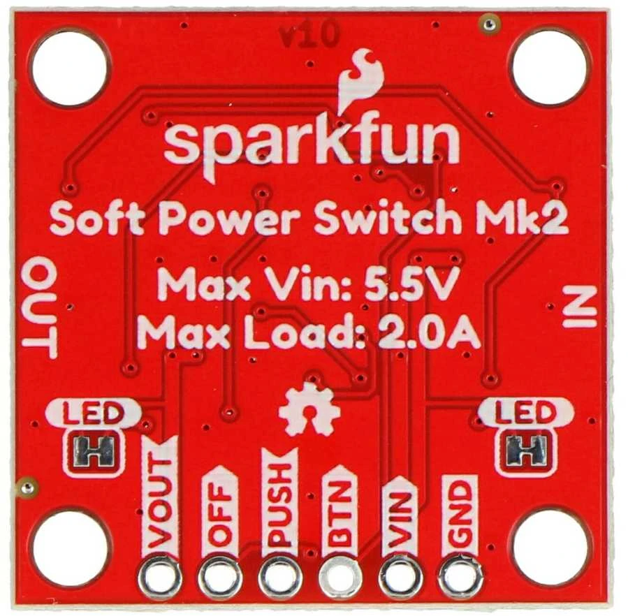 SparkFun Soft Power Switch Mk2 plokštė su jungčių žymėjimu