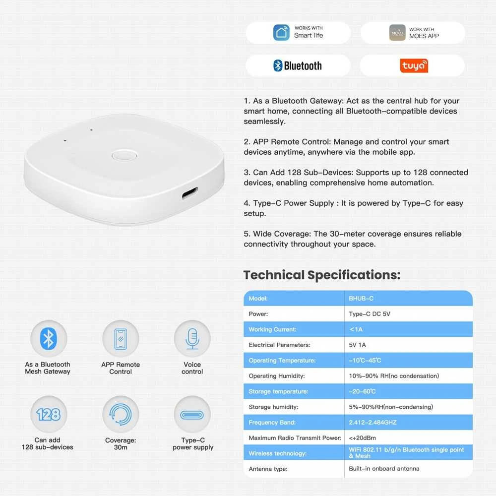 Moes Išmanių namų Bluetooth - Wi-Fi signalo stotelė, USB C, BRIDGE, MESH, TUYA / Smart Life