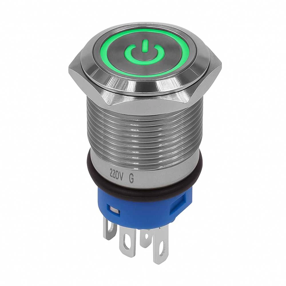 Metalinio korpuso 16 mm mygtukas su žaliu LED maitinimo indikatoriumi