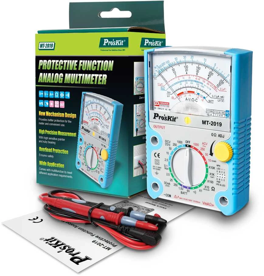 Multimetras rodyklinis 0.1-1000V AC/DC, 0.05-250mA DC, su varžos ir talpos matavimu, tranzistorių, diodų, grandinės testavimu, Pro'sKit