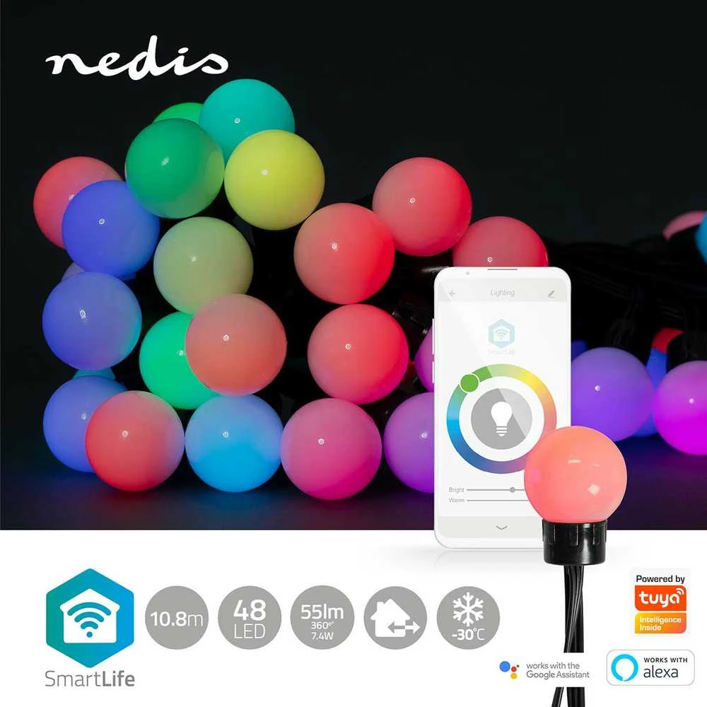 Nedis Išmani LED girlianda, 230Vac, 10,8m, 48 x Ø30mm LED, RGB+, Wi-Fi, TUYA