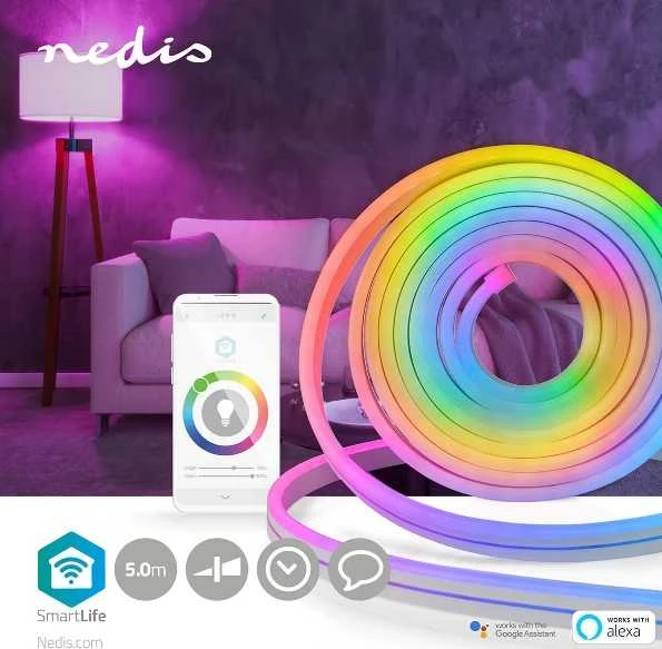Nedis LED juostos komplektas NEON FLEX Wi-Fi, su pulteliu ir maitinimo šaltiniu 24V, 32W, 5m, 192lm/m, RGB IC skaitmeninė IP65