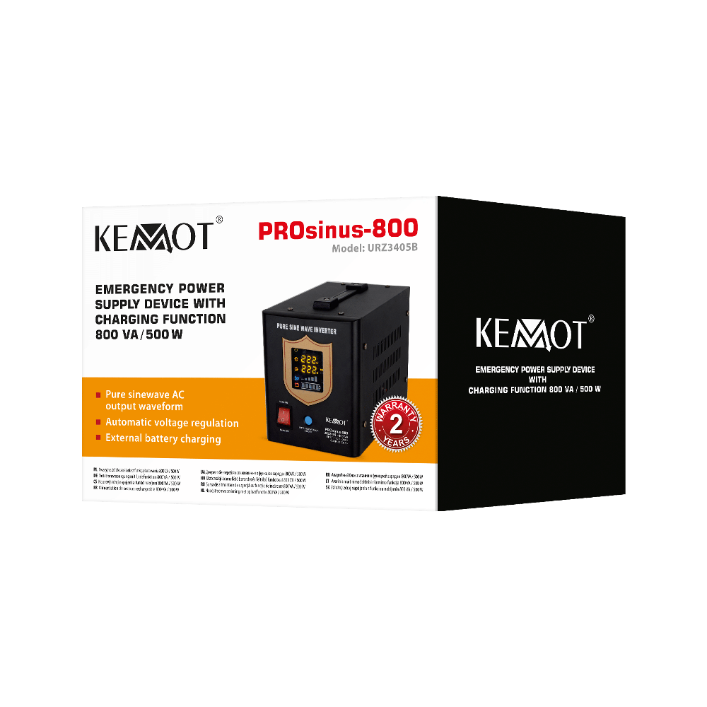 KEMOT PROsinus-800 nepertraukiamo maitinimo šaltinis su gryna sinusine banga ir įkrovimo funkcija 12V 230V 800VA/500W - juoda