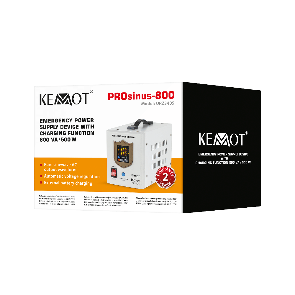 KEMOT PROsinus-800 nepertraukiamo maitinimo šaltinis su gryna sinusine banga ir įkrovimo funkcija 12V 230V 800VA/500W