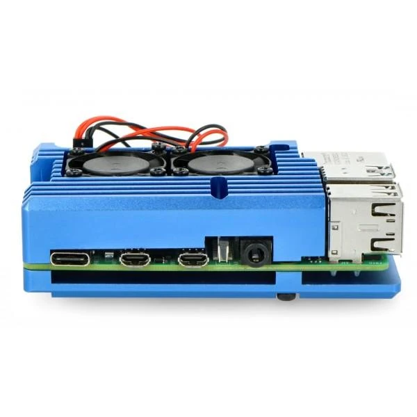 Mėlynas aušinimo korpusas su ventiliatoriais Raspberry Pi 4