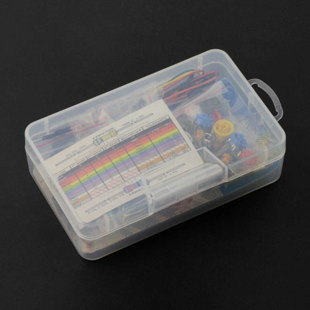 Elektronikos komponentų rinkinys permatomoje dėžutėje
