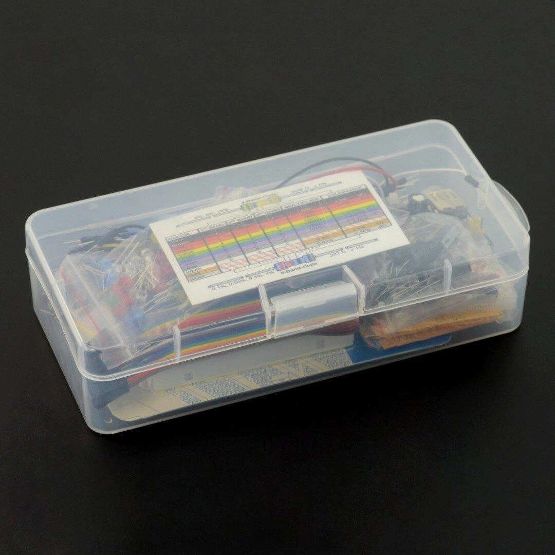 Elektronikos komponentų rinkinys permatomoje dėžutėje