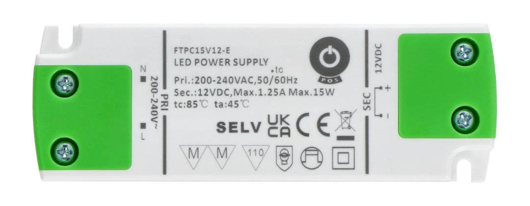 FTPC15V12-E LED transformatorius su gnybtų jungtimis