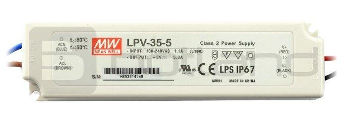 Mean Well LPV-35-5 maitinimo blokas su technine etikete
