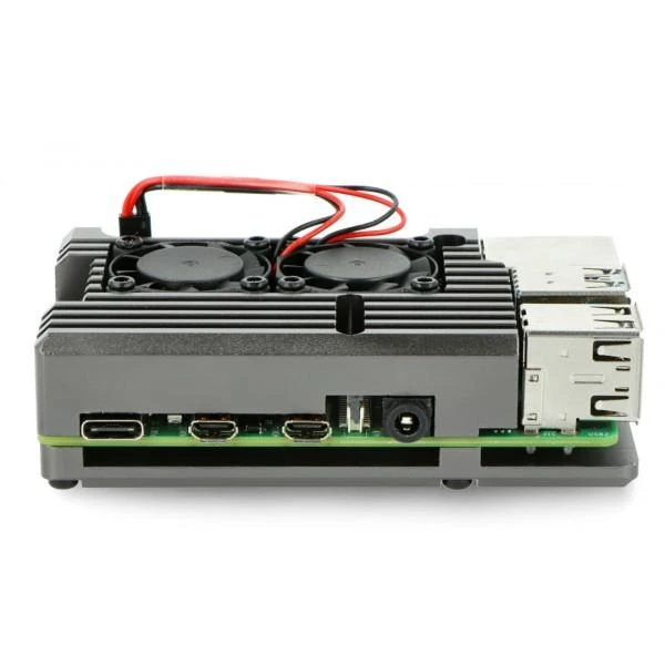 Oem Raspberry Pi 4B aliumininis radiatorius su dviem ventiliatoriais - dėžutė pilkos spalvos