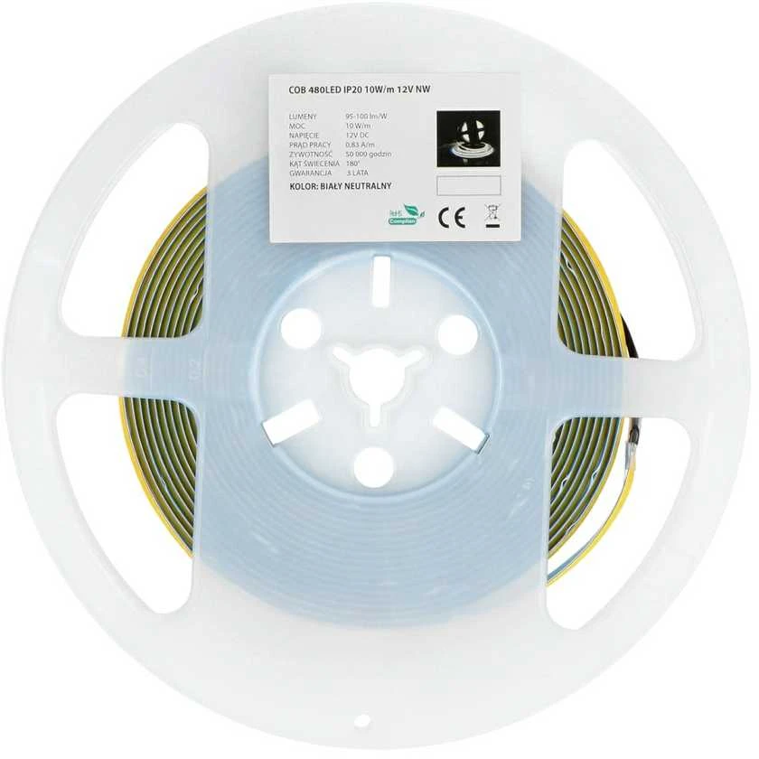 Oem SMD2835 COB LED juostelė 12V IP20 10W, 480 diodų/m, neutrali balta spalva - 5m