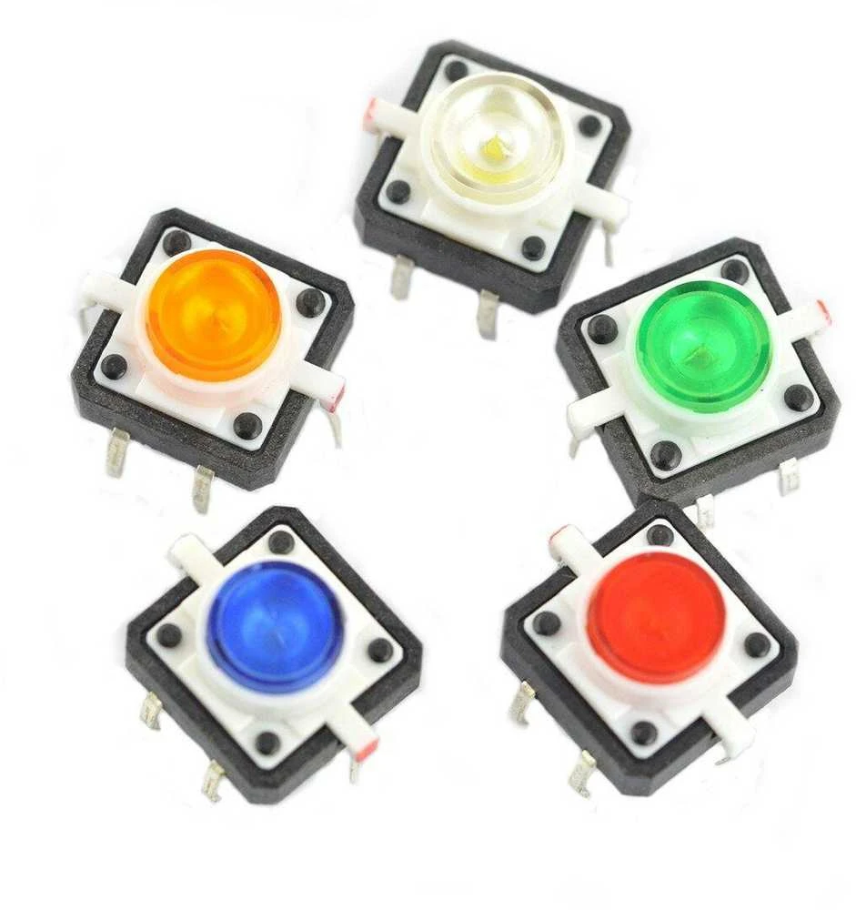 Taktiniai 12x12mm mygtukai su spalvotais LED indikatoriais